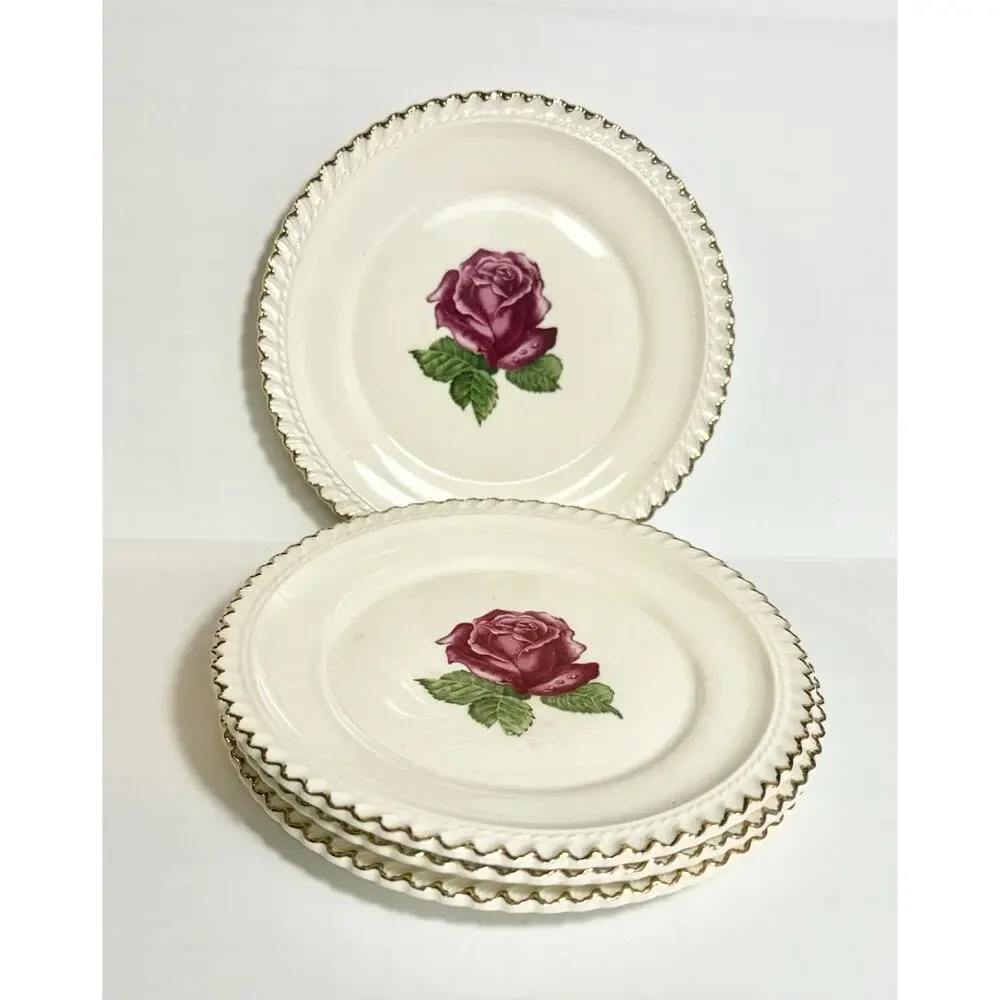 Harker Pottery Co Wild Rose Dessert Plates 22K Gold Rim Bread USA 1940s Tea 4